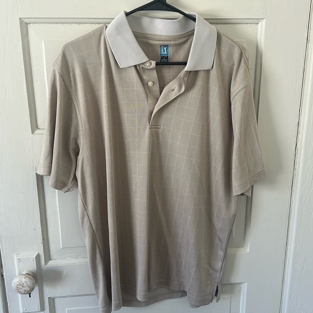 PGA tour men’s large polo tan plaid